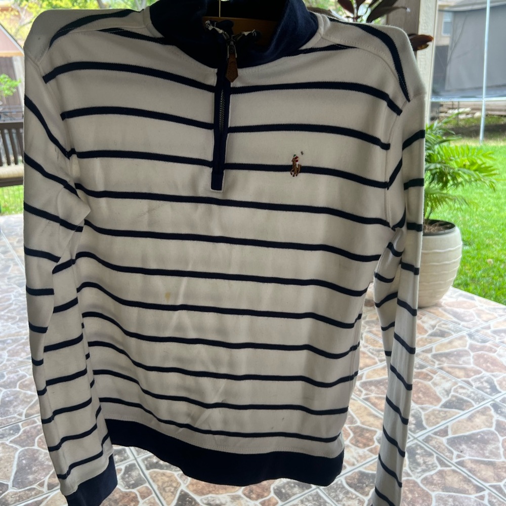 Ralph Lauren boys White Navy Striped Half-Zip Sweater size boys 10-12
